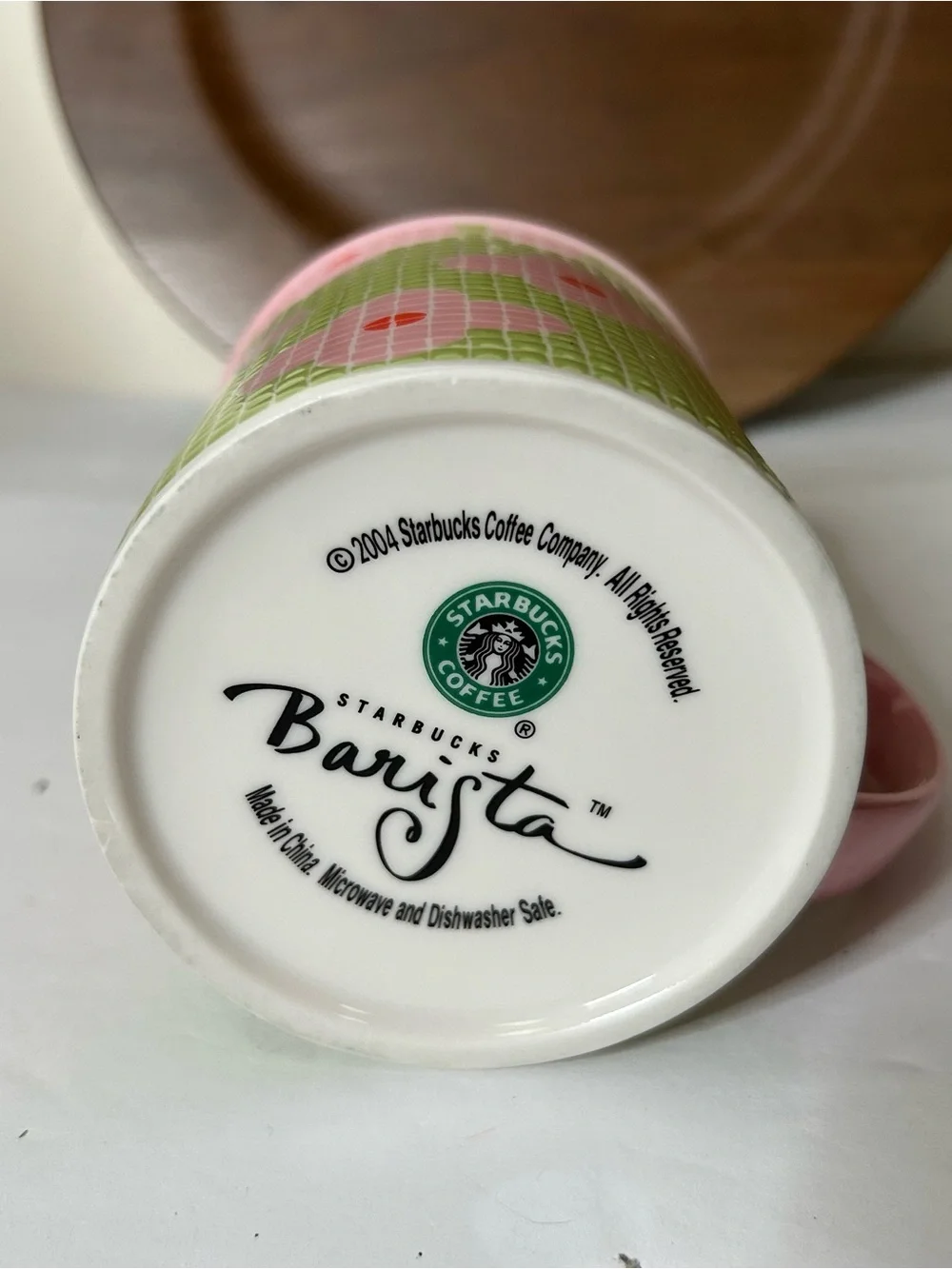 2004 Starbucks Barista Mug Green Mosaic Pink Flower 16oz